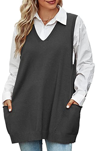 Niwicee Womens Sweater Vest Loose Knitted Sleeveless Jumpers Tank Top Knitwear V-Neck Vintage Knit Pullover Waistcoat with 2 Pockets