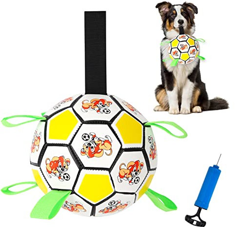 Dog Football Toys Dog Balls with Straps Interactive Dog Toys for Tug Games Dog Water Toy Dog Balls for Small & Medium Dogs (Yellow)