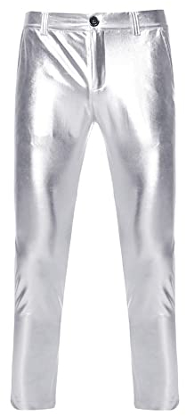 NewL Herren Night Club Skinny Shiny Gold Coated Metallic Pants Stage Perform Singer Disco Hose, Silber, 36-41