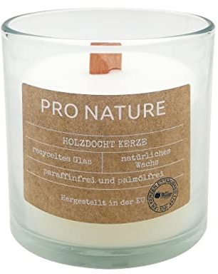 Müller Kerzen PRO NATURE Kerzen im Glas mit Holzdocht - Weiß Stearin Kerzen - 10 x 10 cm - 30 Stunden Brenndauer - Natürliche Wachs - Paraffin- und Palmölfrei Kerzenglas - Ohne Duft - 1 Stück