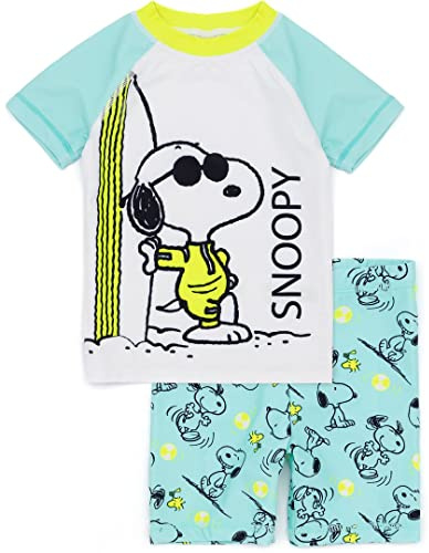 PEANUTS Snoopy Boys Swimsuit | Blue T-Shirt & Shorts All in One for Kids | 2 Piece Swimming Set | Classic Cartoon Dog Surfing Beachwear | Fun Swimwear Merchandise Gift for Children