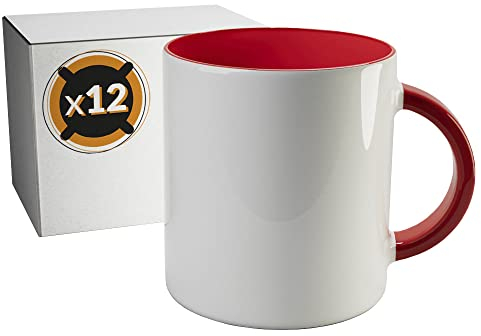 PixColor Lot de 12 tasses de sublimation en céramique blanche avec intérieur rouge | Boîte individuelle neutre | 350 ml (11 oz) | Catégorie AAA | Passe au micro-ondes et au lave-vaisselle | Cricut