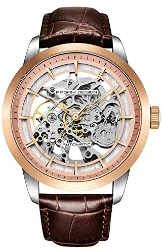 Pagani Design PD-1638 Skelettierte Automatik Herrenuhr, Edelstahl Automatik Herrenuhr, 43mm Durchmesser, Lederarmband, Zeigersammlung, Wasserdicht bis 100 Meter