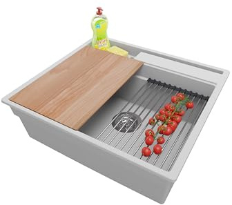PRIMAGRAN Spülbecken ab 60er Unterschrank + Ablauf-Set, 58x53cm | Set: Ablauf-Set (Siphon, Ablaufgarnitur, Überlauf) + Granitspüle 1 Becken - Oslo Pocket, Grau