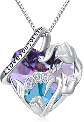 enjoylifecreative Tochter-Halskette von Papa, Mutter, Großmutter, Sterlingsilber, Juni-Geburtsstein, Kristall-Halskette, Tochter-Geschenke, Blumen-Herz-Liebes-Kristallanhänger, Schmuck für Tochter