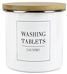 Minimalist Range Washing Tablets Storage Canister - White Metal Enamel Kitchen And Bathroom Storage Container