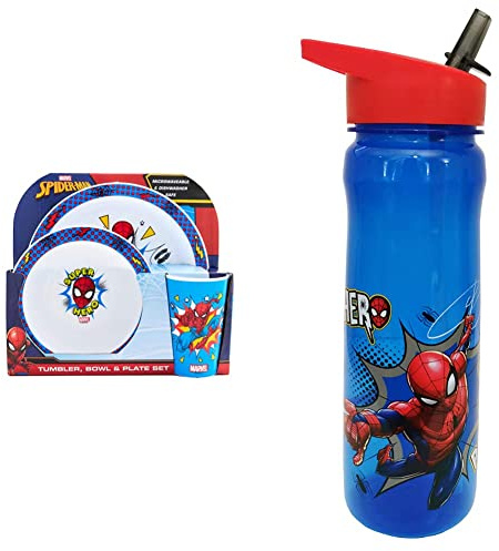 Marvel Spider-Man Kids Tableware Set – 3 Piece Reusable PP Plate, Bowl & Cup Set – Superhero Dinnerware Tableware Set, Blue & 1325 1698 Spider-Man Hero Reusable Water Bottle, Blue and red, 600ml