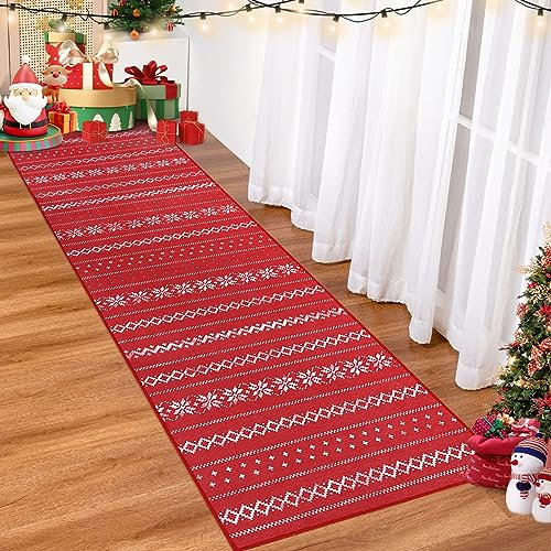 LuxFocus Weihnachtsläufer, Teppich für Flur, Weihnachten, Innendekoration, weich, rot, Küchenläufer, maschinenwaschbar, Bodenteppich, rutschfest, Küchenmatte, weiße Blumenmuster, 60 x 180 cm