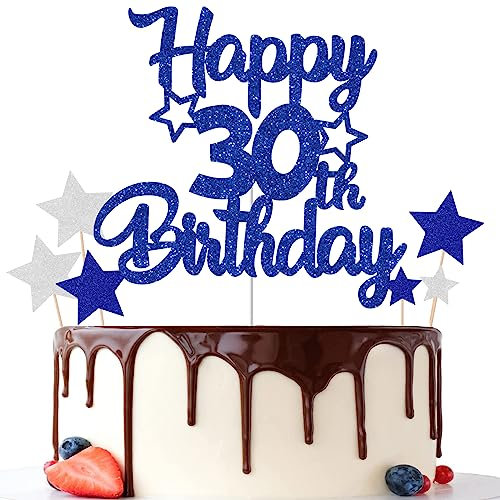 Gidobo 30th Birthday Cake Toppers, Blue Glittery Cake Decorations with Stars, Thirty Years Old Birthday Party Supplies for Men and Women