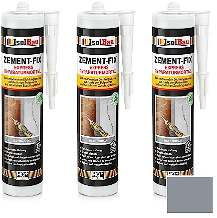 Isolbau Zement-Fix 3 x 300 ml Betongrau Express Reperaturmörtel - Dichtungsmasse für Fugen & Risse im Innen- & Außenbereich, Kartusche