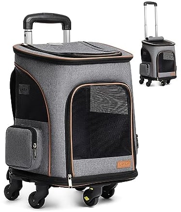 Lekesky Katzenrucksack mit Rollen Hunderucksack für Katzen und Kleine Hunde, Faltbare Haustier Rucksack mit Innerer Sicherheitsleine, Grau