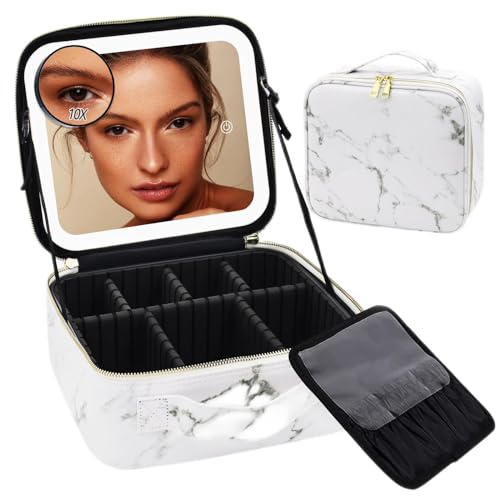 Travel Makeup Bag Cosmetic Bag Make up Organizer Bag with Large Lighted Mirror 3 Color Modes Adjustable Brightness, Waterproof PU Leather Makeup Travel Case Makeup Train Case Toiletry Gift Accessories