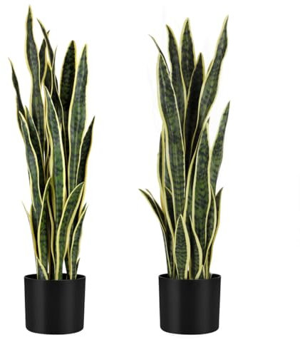 KOL 2 plantas artificiales de serpiente de 3 pies, 32 hojas realistas de PVC, sansevieria sintética de 35 pulgadas para decoración de interiores del hogar y jardín, plantas de lengua de suegra en