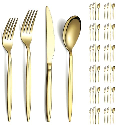 Evanda Gold Cutlery Set 48 Piece Service for 12, Titanium Gold Plated Stainless Steel Flatware Set, Knives Forks Spoons Cutlery Set for Wedding, Parties, Birthday, Restauroom, Dishwasher Safe