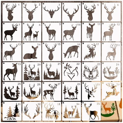 35 Stück Hirsch-Schablonen zum Malen auf Holz, Kiefernbaum-Schablonen Hirschkopf-Geweih-Schablone Waldtier-Schablone für DIY Handwerk Wand Stoff Rock Kreidetafel Schild Schule Kunst Scrapbook Projekte