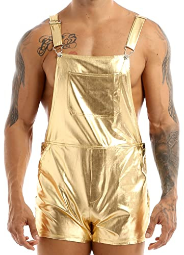 Xnihocha Mens Shiny Metallic Dungarees Bib Overalls Suspender Boxer Shorts Festive Rave Party Clubwear Gold L