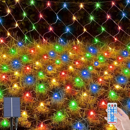 OPAHUTER 96 LEDs Solar Lichternetz Außen, 1,5 x 1,5 M Wasserdichte Lichterkette Netz, Fernbedienung Lichterketten Vorhang mit 8 Modi, Solar Lichternetz für Weihnachten Hochzeit Fenster Büsche