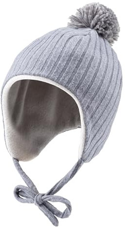 Sterntaler Inka Mütze mit Rippenmuster - Unisex warme Kindermütze mit angeschnittenen Ohrenklappen und Bindeband - Bommelmütze aus Mischgewebe, gefüttert mit Baumwollfleece - graublau, 51