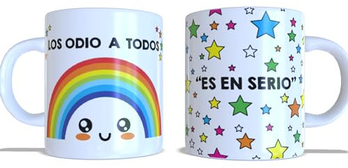 Taza de Cerámica Con Frase Los Odio A Todos arco iris 11oz (350ml). Taza personalizada. Taza divertida. Cumpleaños. Regalo. Aniversario.