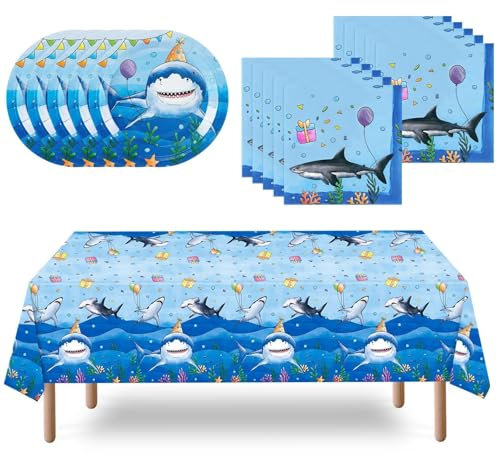 WERNNSAI Hai Partyzubehör Set – 33 PCS blaue Ozean Geburtstagsparty Dekoration Unterwasser Party Tischdecke Teller Servietten für Jungen Party Ozean Hai Mottoparty für 16 Gäste