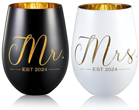xilaxila Mr and Mrs EST 2024 Wine Glasses Gifts- Cool Engagement Gifts, Wedding Gifts For Couples, Bride and Groom, His and Hers- Bridal Shower Gifts For Bride To Be