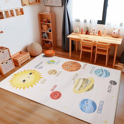 Carpetsale24 Kinderteppich Planeten Muster Jungen und Mädchen Babyzimmer Teppich Kinderzimmer Beige Teppich, Maße:160 x 230 cm, Farbe:Beige