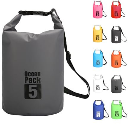 MORAINJAY 5L Wasserdichter Beutel, Grau Dry Bag 2L/5L/10L/15L/20L/25L/30L mit Verstellbarem Gurt, Schützt Telefon/Karte, Roll Top Wasserdichter Beutel Rucksack für Schwimmen/Rafting/Bootfahren