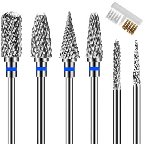 Lermende 6Pcs Nail Drill Bits Professional, 3/32'' Electric Nail Drill Bits Set for Acrylic Nails, Cuticle Nail Drill Bit Quick Gel Polish Remover Manicure Pedicure Tools with Cleaning Brush (Blue)