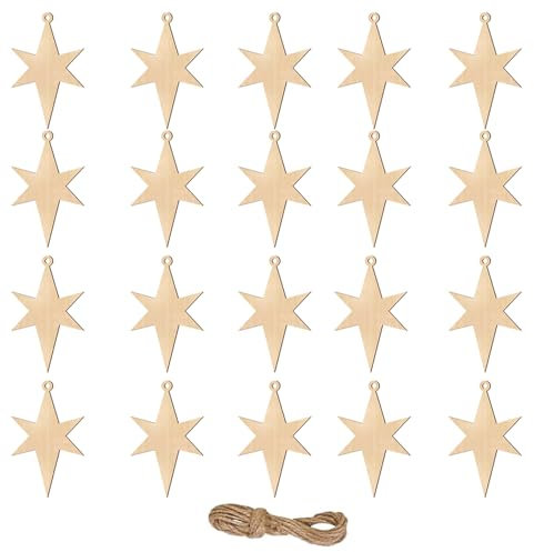 20 Wooden Baubles - Star Shape Christmas Ornaments for Home, Garden, DIY Art Craft, Tree & Party Decoration