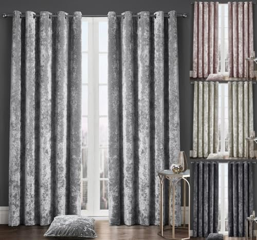Axcent Comfort Luxury Thermal Crushed Velvet Eyelet Fully Lined Curtains Charcoal Eyelet Ring Top Velvet Pair of Curtain for Bedroom, Living Room, Home Office - 46x72 inch