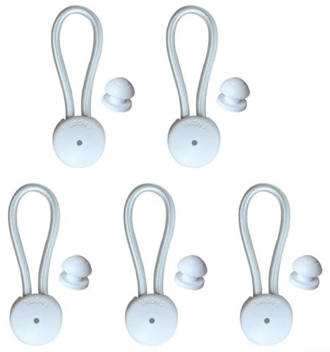 5 PCS Bungee Shock Cord Clip with Knobs, Pull Tie Down Tarp Canvas Knobs for Camping Tents Cargo Pool Awning Car Cover Holding Wire Hoses(White)