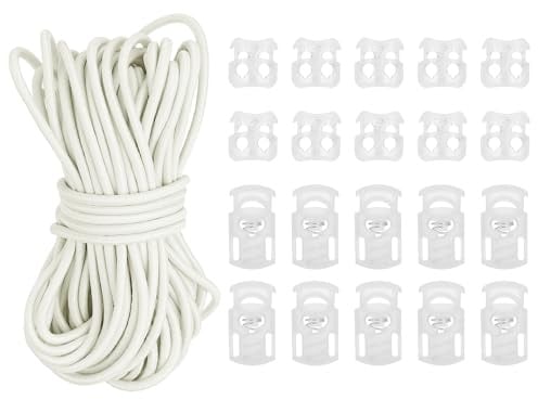 PATIKIL 15 Meter Gummiband mit 10 Stück Kordelstopper Einzelloch & 10 Stück Kordelklemme 2 Loch, Elastische Gummischnur 3mm Elastische Gummiseil für Kordelzug Rucksack, Beige