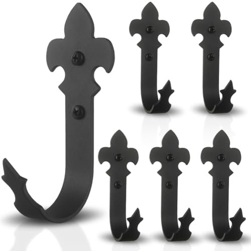 AKBFOX Wrought Iron Decorative Wall Hooks, Fleur De Lis Wall Hooks, Cast Iron J Hooks, Heavy Duty Wall Mounted Hooks for Garage Storage Farmhouse Garden Tool Garden Shed Hanging Hose Ladder Chair