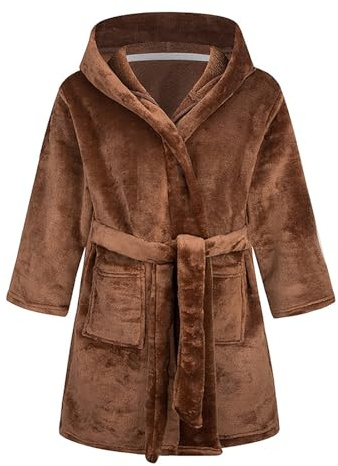 NautySaurs Girls Dressing Gown Kids Solid Color Bathrobes Children's Hooded Flannel Fleece Robe for Boys, Brown, 2-3 Years