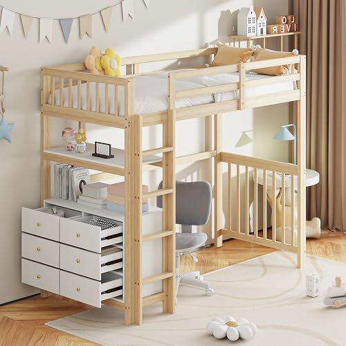 KecDuey Cama alta de 90 x 200 cm, cama infantil con escalera de seguridad vertical, cajones y estantes, diseño de valla alta, somier, cama infantil de madera de pino, cama individual (color madera)