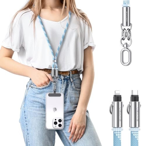 enablink Handykette, Geeignet für alle Smartphones mit 2 Stück Universelles Patch, 30W USB C auf USB IP Kabel Hafen Schnellladekabel Handyband Einstellbar und Abnehmbar Blaue