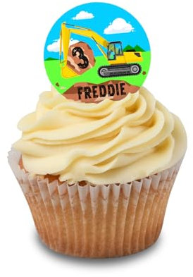 Cakeshop Cupcake Personalisierte Essbare Kuchenaufleger Baustelle Bagger Thema | Individueller Text & Alter | Für Geburtstage & Feiern | Mehrere Formen & Größen | Zuckerguss & Oblatenpapier Optionen
