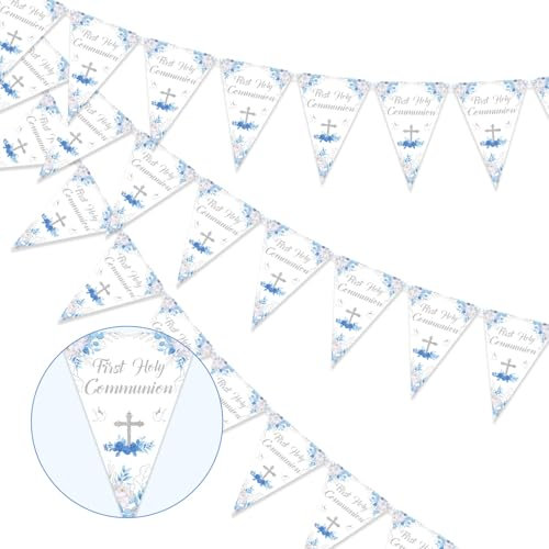Jollyboom Erstkommunions-Dekorationen für Jungen, blau, 3 Stück, Banner zur Erstkommunion, 36 Stück, vorbespannte Taufflagge, Wimpelkette, Konfirmation, Dekoration für Jungen, Erstkommunion, Taufe