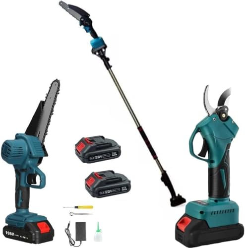 Forbice da Potatura a Batteria, Motosega 6 con Pompa Olio + Asta Telescopica 128–248cm, Kit 3 in 1 con Doppia Batteria, Cesoie Elettriche per Giardino, Occhiali e Guanti Inclusi