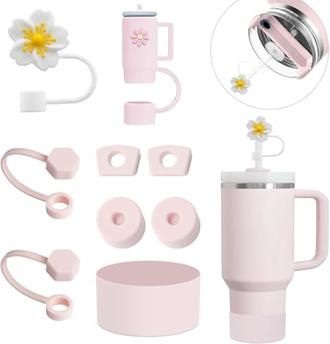 MIVORA Juego de Accesorios para Vasos Stanley, Incluye 6 Tapones de Silicona a Prueba de Fugas, 2tapas con Pajita, 1funda de Silicona para Vasos Stanley Cup de1,2L 850 ml, No Incluye Tazas(Rosa)