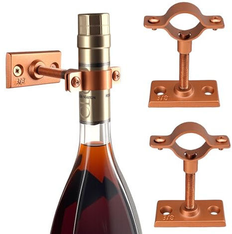 Lily's Home Bar Wall Mount Single Wine Bottle Display Holder, Set of 2, Industrial Design with Mounting Hardware, Works with Wine or Liquor Bottles, Copper Finish (4-1/2” x 1-3/8” x 2-3/4”)