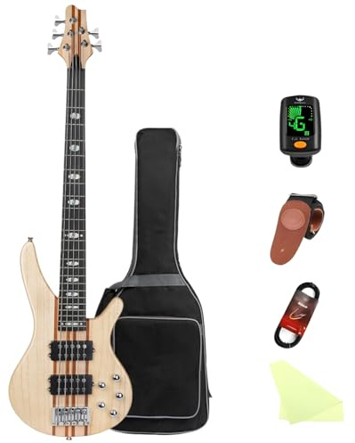 Bullfighter Elem - Basso elettrico a 5 corde, kit per principianti, colore nero, per principianti, con custodia, tracolla e cavo per basso serie DB (legno)