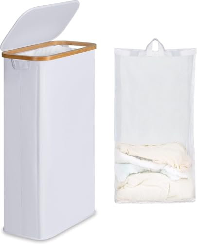 efluky Slim Laundry Basket with Lid, Tall Narrow Washing Basket for Laundry, Folding Small Slimline Laundry Baskets for Dirty Clothes, 63L Cloth Storage Basket white