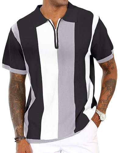 Men's Fashion Polo Shirts Vintage Striped Knitting Shirts Casual Slim Fit Golf Shirts Grey XL