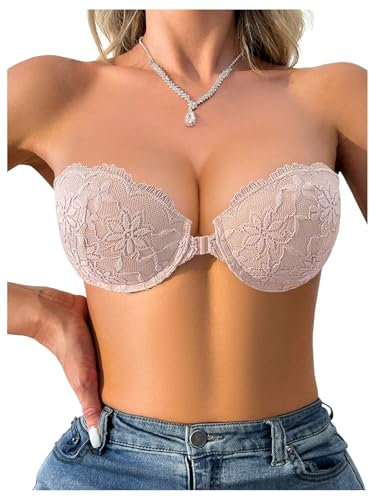 GORGLITTER Women's Strapless Underwire Front Fastening Bras Scalloped Lace Bandeau Bras Pink 38D