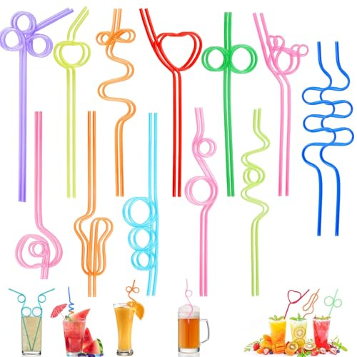 Trinkhalme mit Knoten Curly, 24 Stück Strohhalm Wiederverwendbar, Bunt Cocktail Strohhalme, PET Curly Trinkhalm, für Geburtstagsfeier, Saft Dekoration, Cocktails,10 Farben, 12 Formen