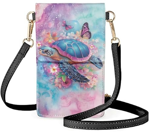 NETILGEN Kleine Umhängetasche mit Marmor-Schildkröten-Blume, für Damen, PU-Leder, Stoff, Handy-Handtaschen mit verstellbaren Schultergurten, Schultertasche, Geldbörse