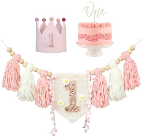 GlamRays 1 Geburtstag Hochstuhl Banner Rosa Partydeko für Mädchen Jungen Baby Dusche Kinderzimmer (mit 1“One” Holzschildern)