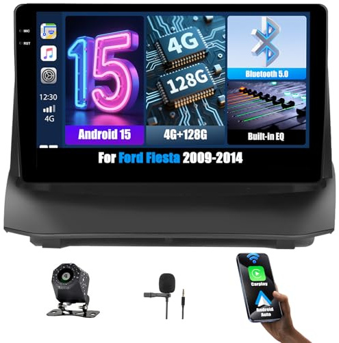 OiLiehu 4G+128G Android Radio para Ford Fiesta 2009-2014 Carplay Android Auto Pantalla Radio Coche 9 Pulgadas Bluetooth FM RDS GPS WiFi SWC EQ Cámara de visión Trasera