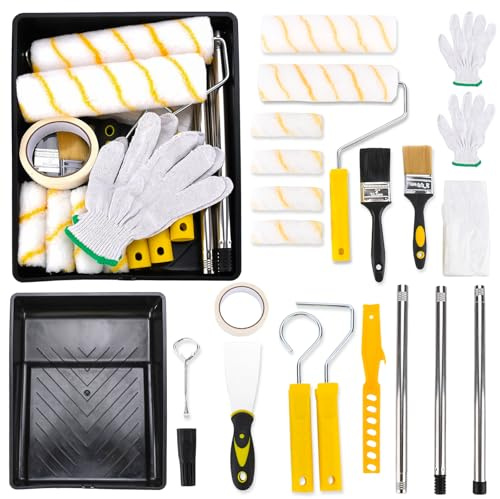 ZUSUZU Rouleau Peinture Set, 23 Pièces Pinceaux à Peinture Kit avec Rouleau de 4/9 Inch, Rallonge, Bac à Peinture, Grattoir, Pinceau, Outils de Peinture pour Murs, Plafond, Portes, Garnitures